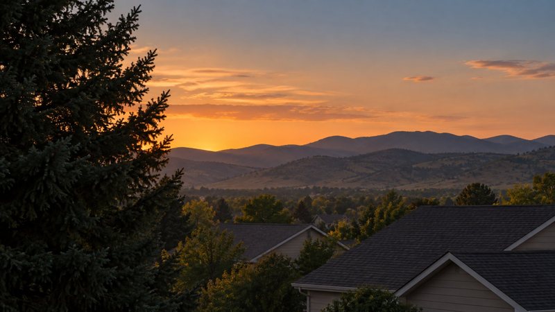 Front Range foothills at dusk beyond neighborhood rooftops