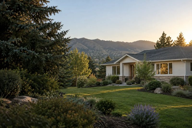 Ranch-style Colorado home with evergreens and foothills behind it