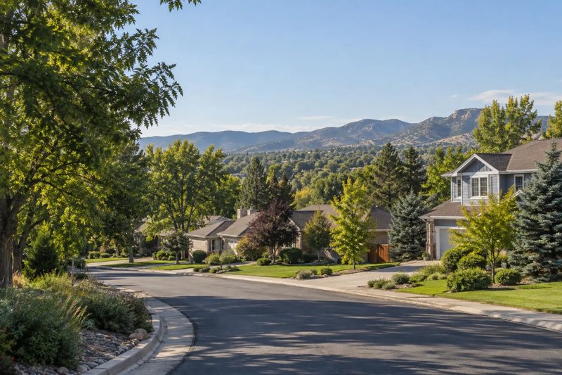 Tree-lined Denver-area neighborhood street with foothills in the distance