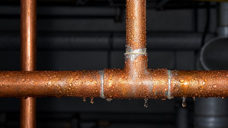 Water beading and dripping from a leaking copper tee