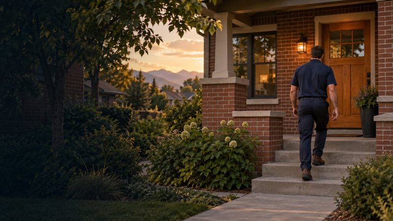 Person seen from behind walking up the steps of a brick bungalow at golden hour