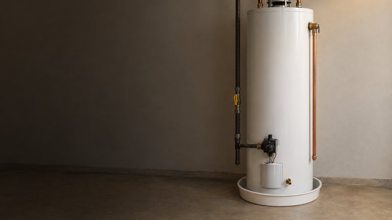 Gas tank water heater in a basement utility room